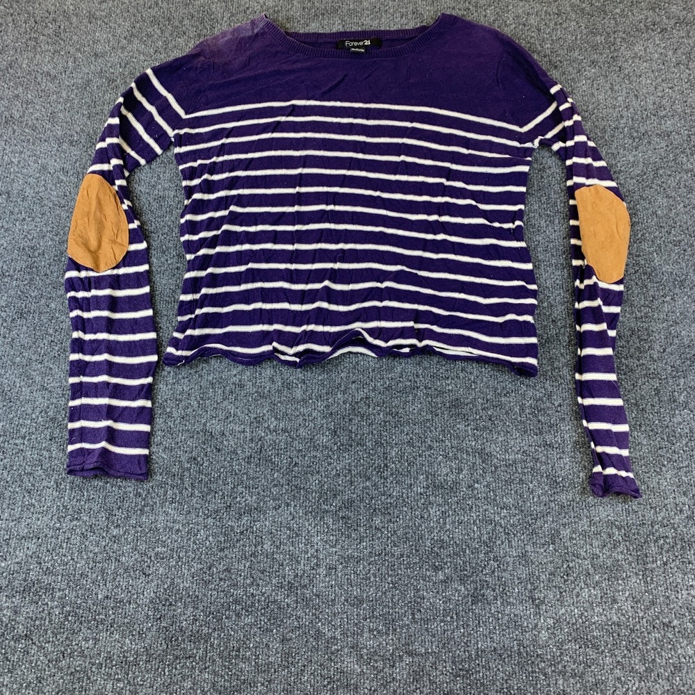 Forever 21 Cropped Sweater Womens M Blue Good Striped Elbow Patch Pullover